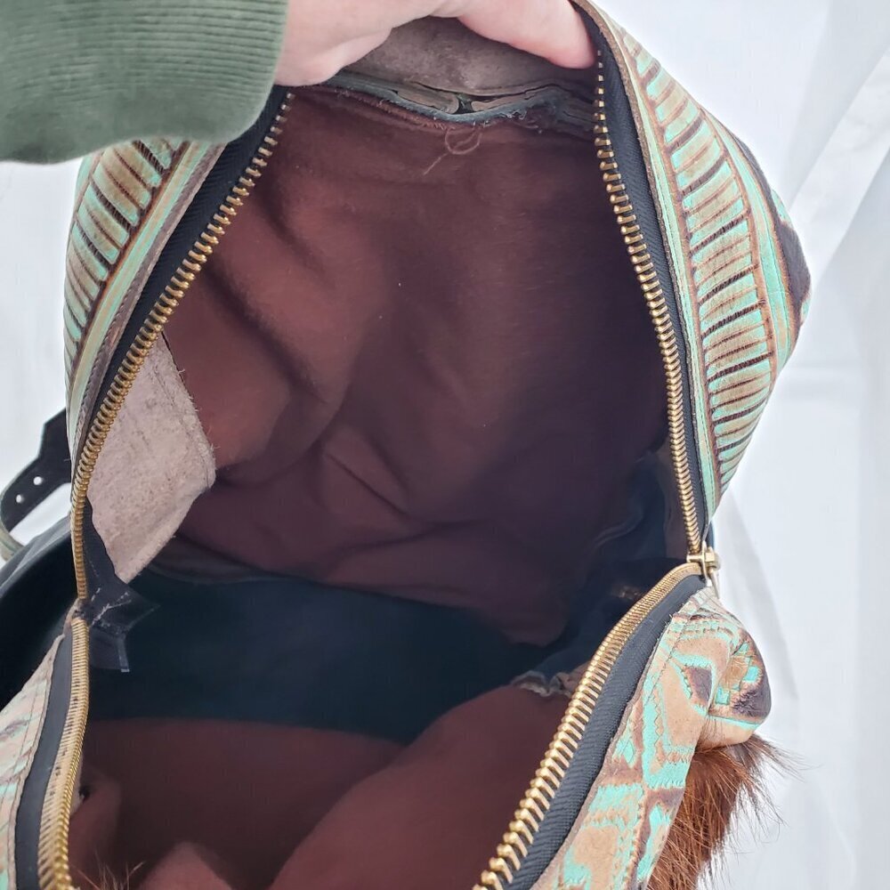 🔥 RARE Western Cowhide & Real Tooled Leather Diaper Bag / Backpack XL 🐄 - Picture 10 of 13